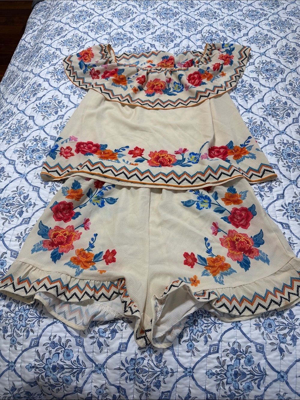 Cream Floral Embroidered Off-Shoulder Top & Shorts Set